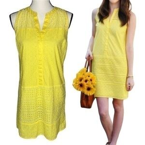 Ann Taylor LOFT Dress Yellow‎ Eyelet Sleeveless Dress Size 4 Petite